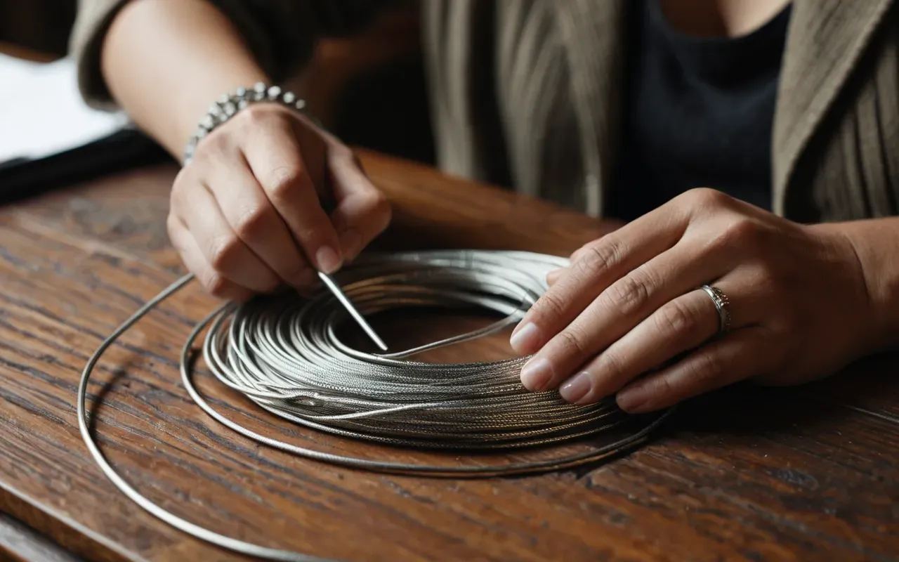 silver wire craftsmanship Close-up of hands working with fine silver wire on a wooden desk, shallow depth of field, warm natural lighting highlighting the intricate metalwork.