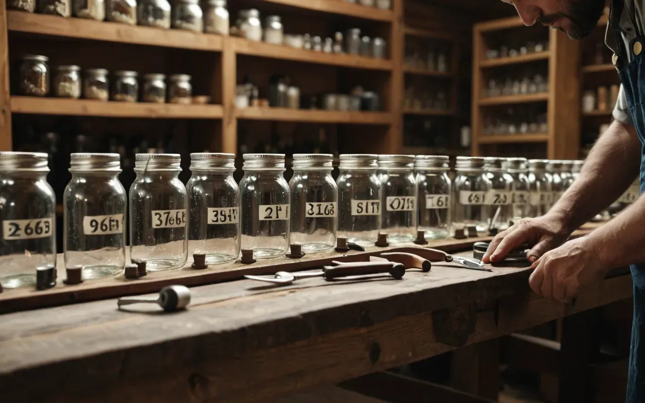 Close-up of hands working with fine silver wire on a wooden workbench with soft focus background showing shelves filled with glass jars and tools in warm ambient light.