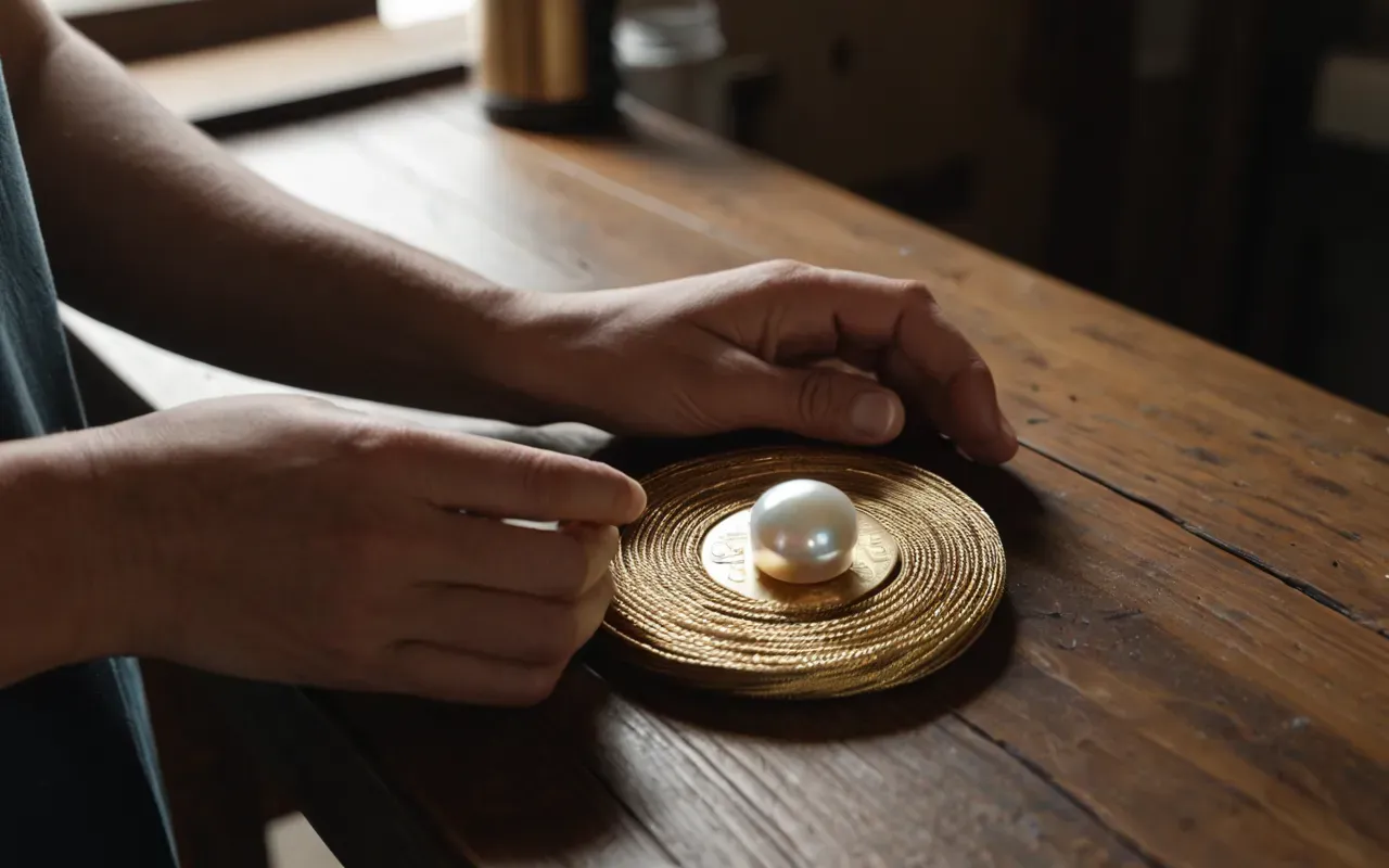 Close-up of hands wrapping gold wire around a small iridescent mother-of-pearl disc on a wooden workbench with soft natural light and no text visible in the frame.