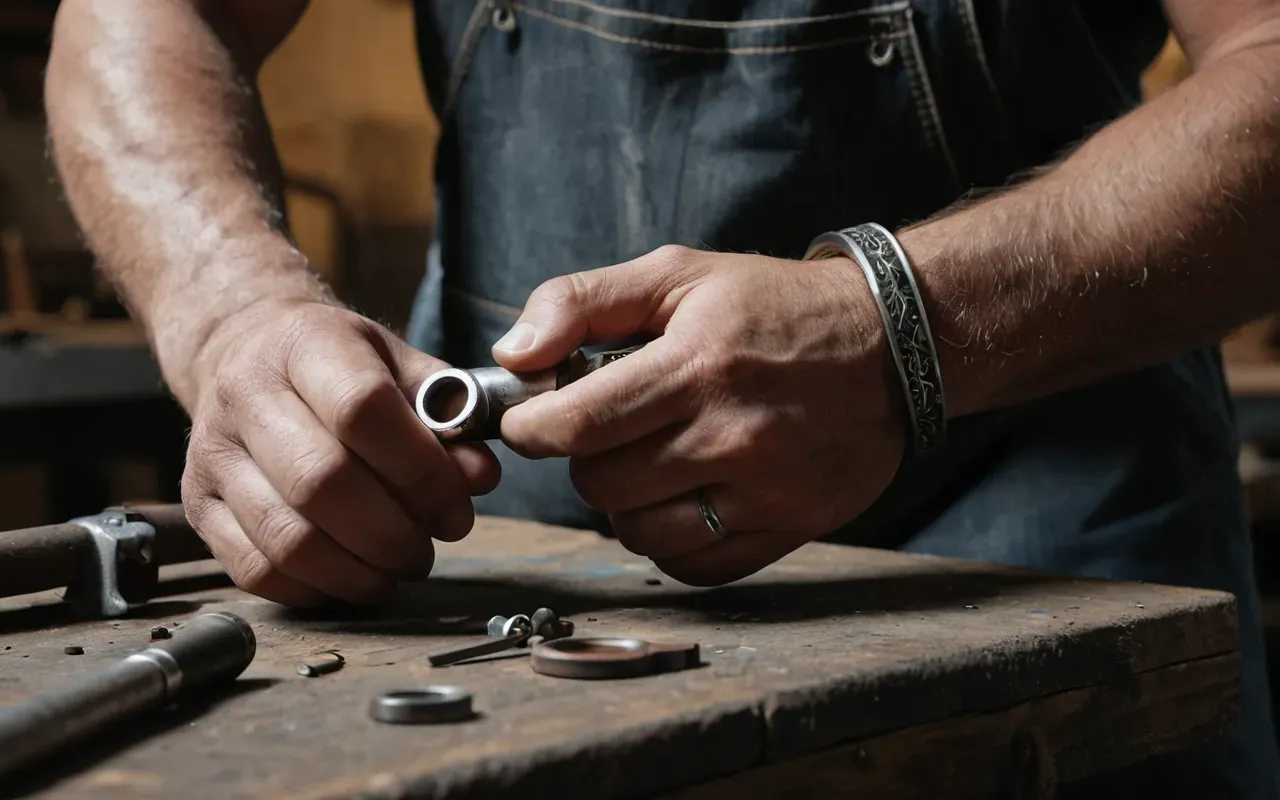 Close-up of weathered hands holding a silver ring over a small welding torch in a cluttered workshop with soft warm lighting and tools on a wooden bench.