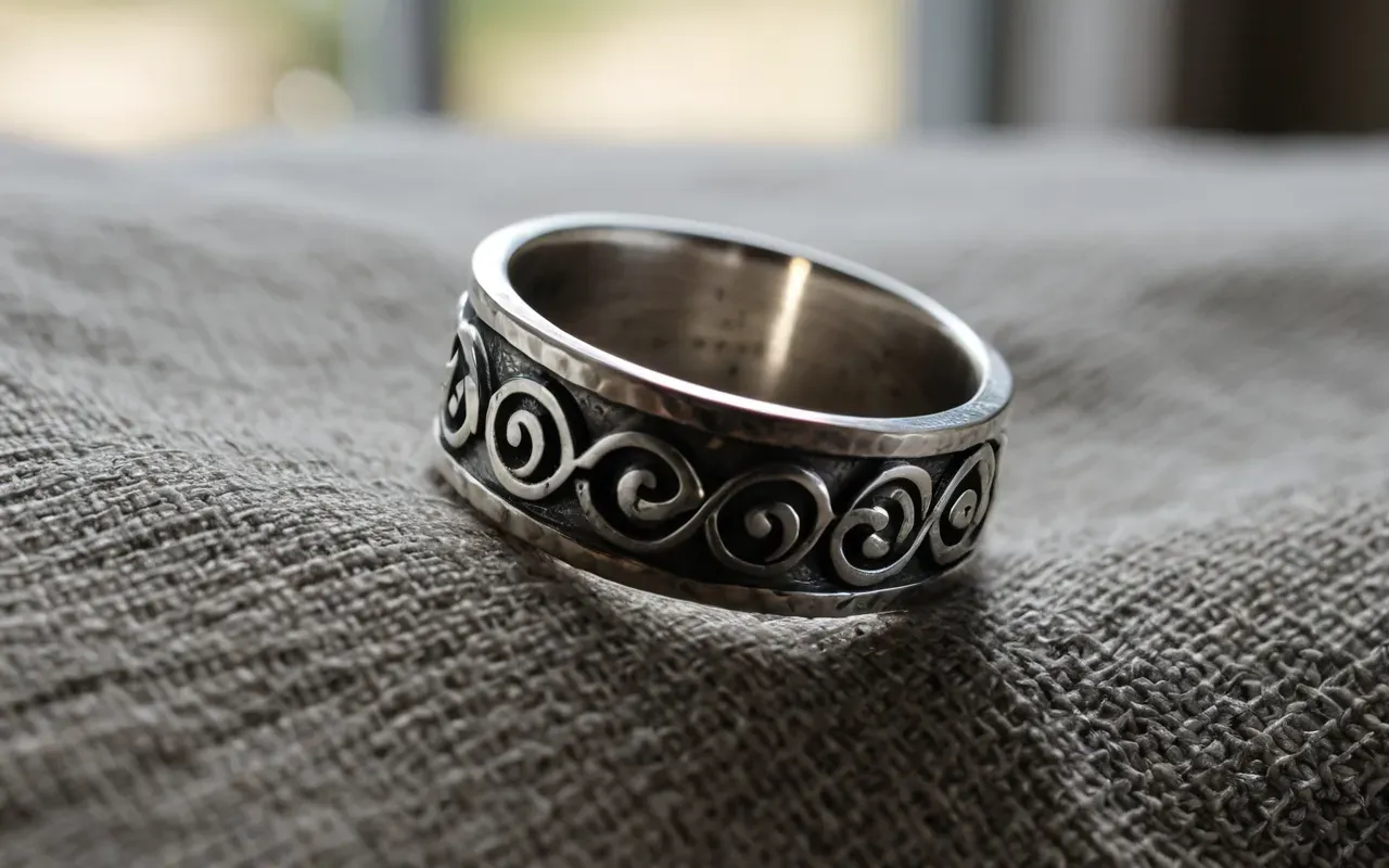 handmade jewelry trends 2026 Close-up photograph of a hand-forged sterling silver ring with visible hammer marks resting on a textured linen surface, soft natural window light from the left side, shallow depth of field, warm neutral tones, editorial still life composition