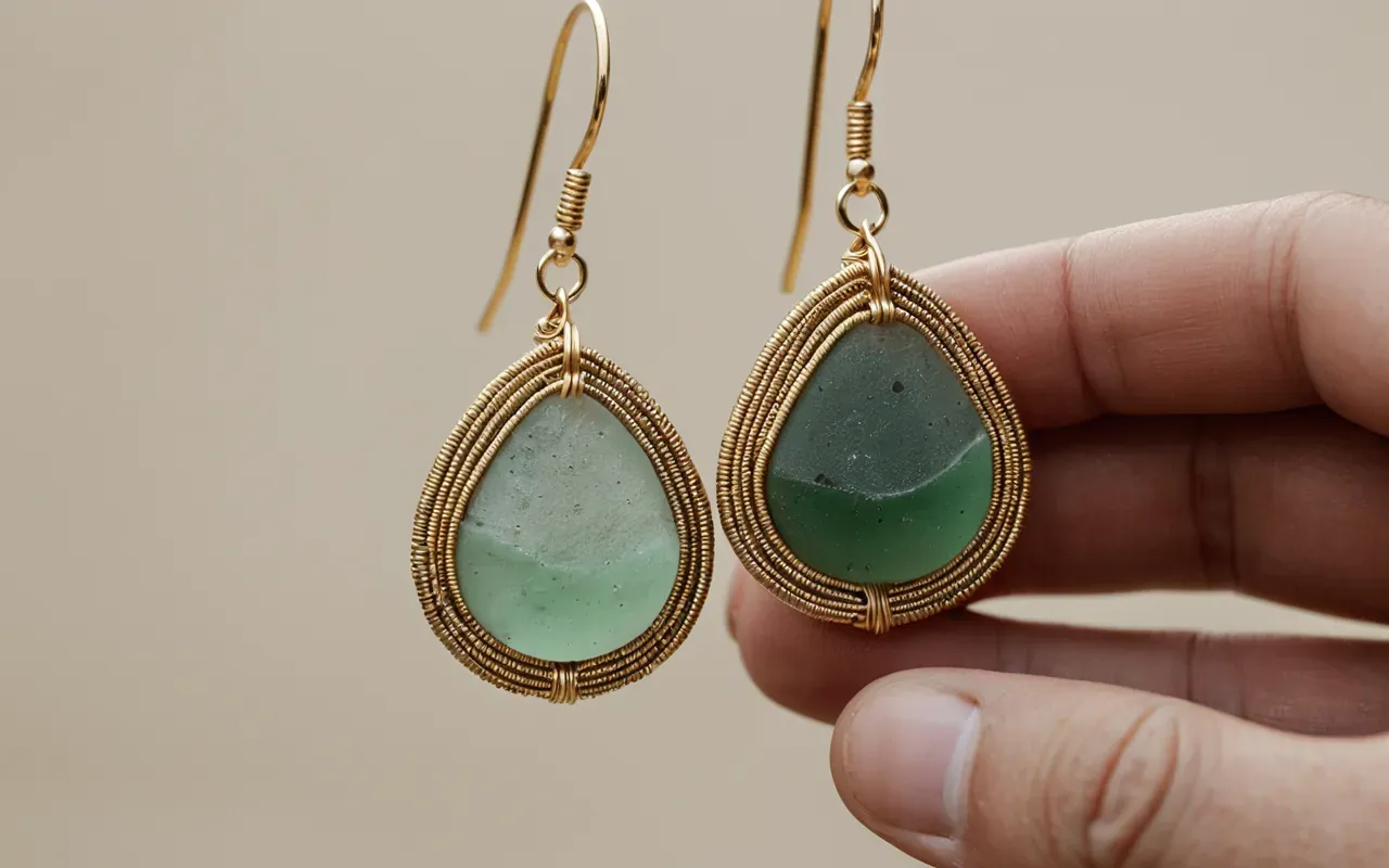 gold wire wrapped seaglass earrings detail macro photography Close up shot of a hand holding a pair of intricate gold wire wrapped earrings with seaglass inserts against a soft neutral background showing detailed craftsmanship.