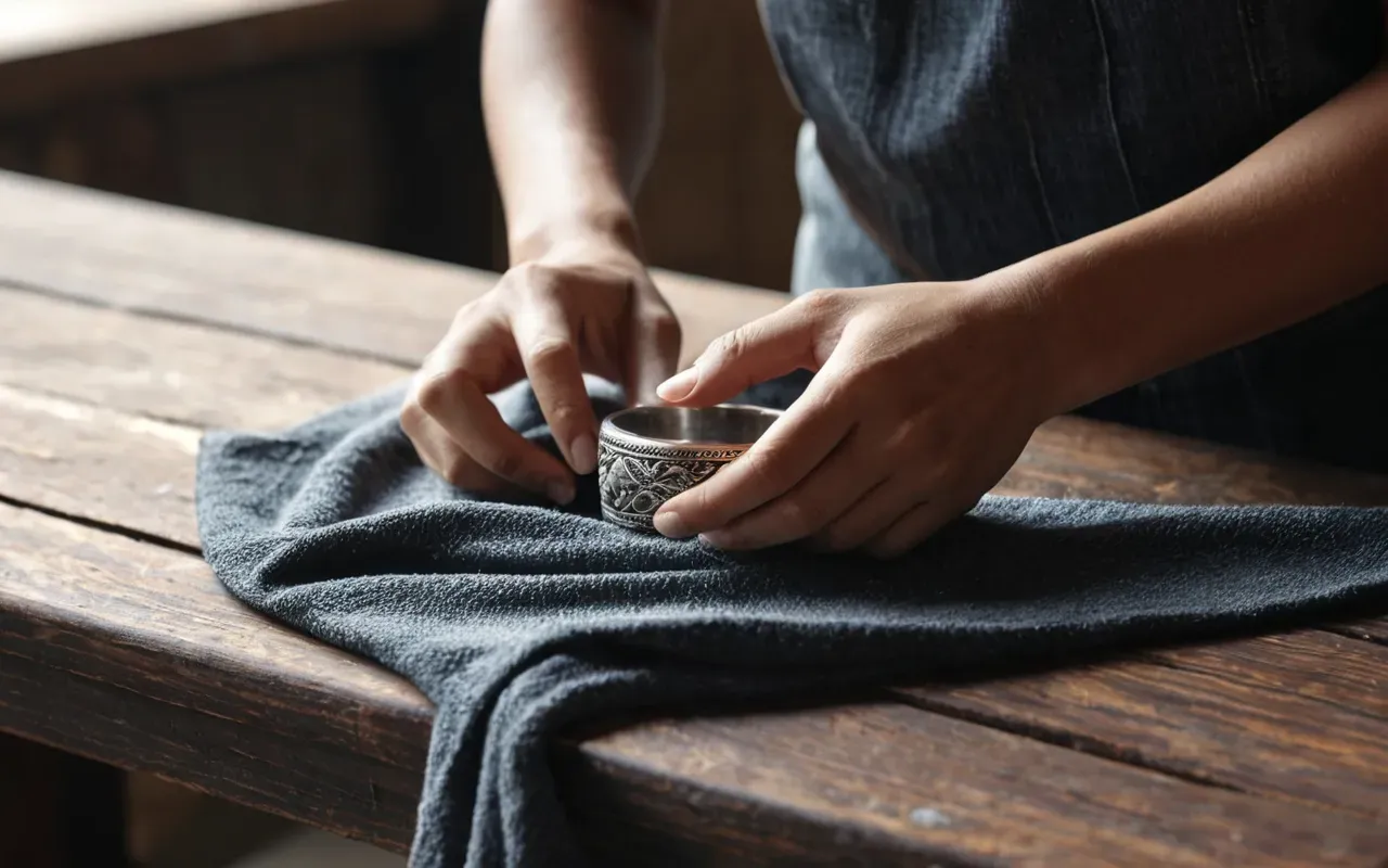 handmade jewelry competition Close-up shot of hands polishing a silver ring with a soft cloth in bright natural light on a wooden workbench.