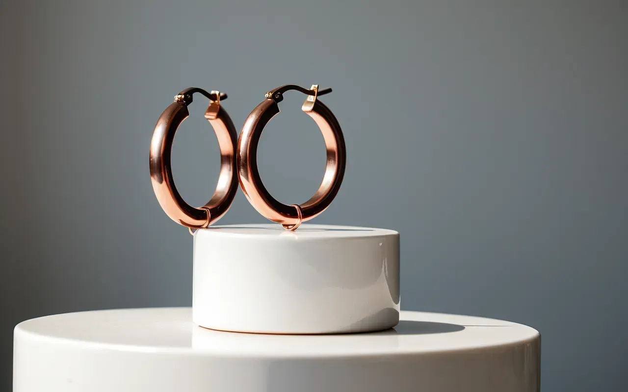 sculptural handmade earrings 2026 Editorial photograph of a pair of asymmetric hand-sculpted copper hoop earrings displayed on a smooth white ceramic pedestal, soft directional side lighting creating gentle shadows, clean modern gallery aesthetic, warm metallic tones against neutral background