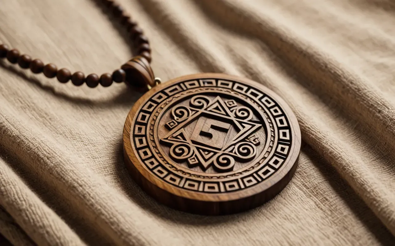 wooden jewelry design Editorial shot of a wooden pendant necklace with intricate geometric carvings resting on a stack of neutral beige fabric, soft warm lighting emphasizing the wood grain texture and metal clasp details