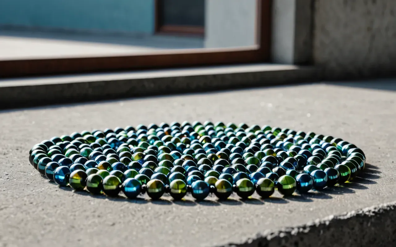 Editorial still life of colorful glass beads in shades of blue and green arranged on a smooth concrete surface with soft shadows indicating natural window light.