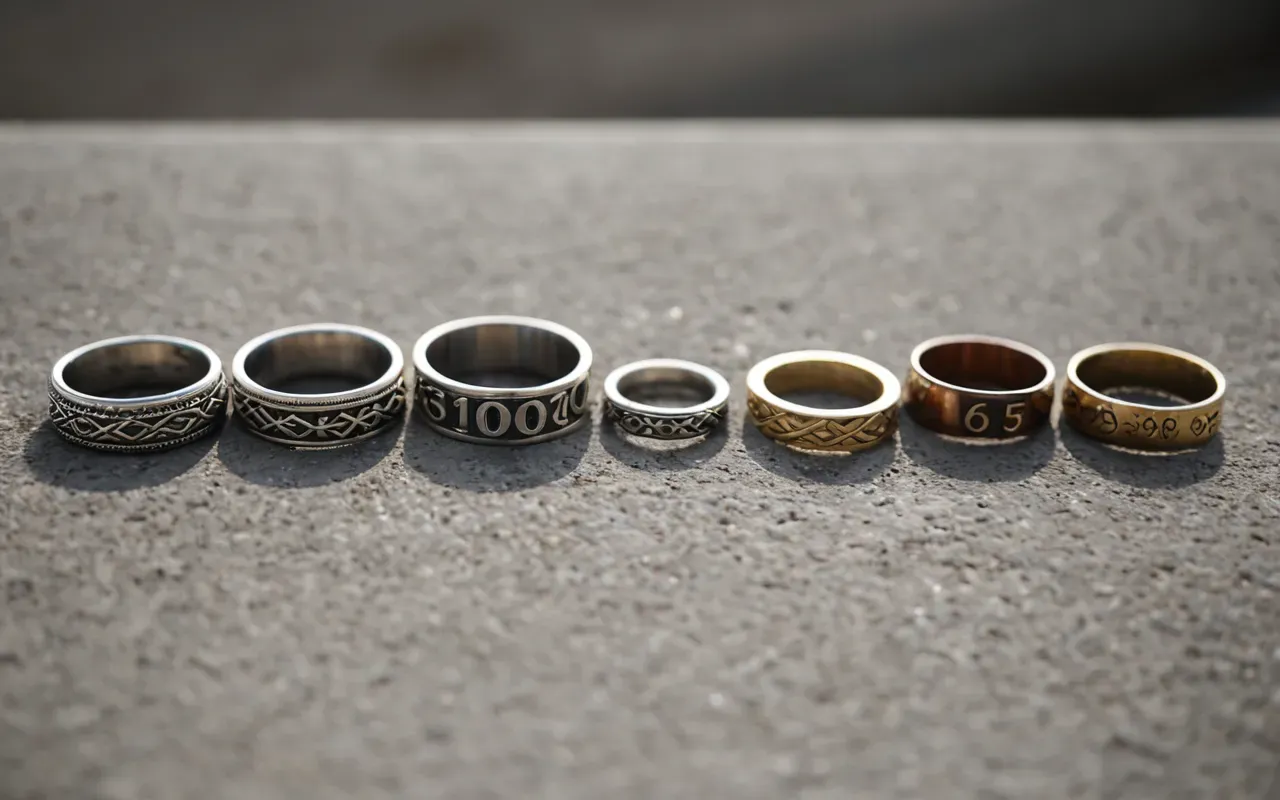Editorial still life of ten unique handmade rings arranged on a smooth concrete surface with soft shadows and neutral tones