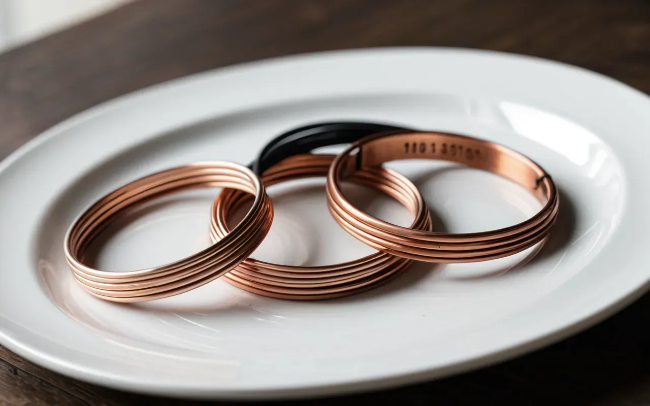 copper jewelry Editorial still life of three chunky copper wire bracelets arranged on a smooth white ceramic plate, soft diffused lighting highlighting the metallic texture and warm tones