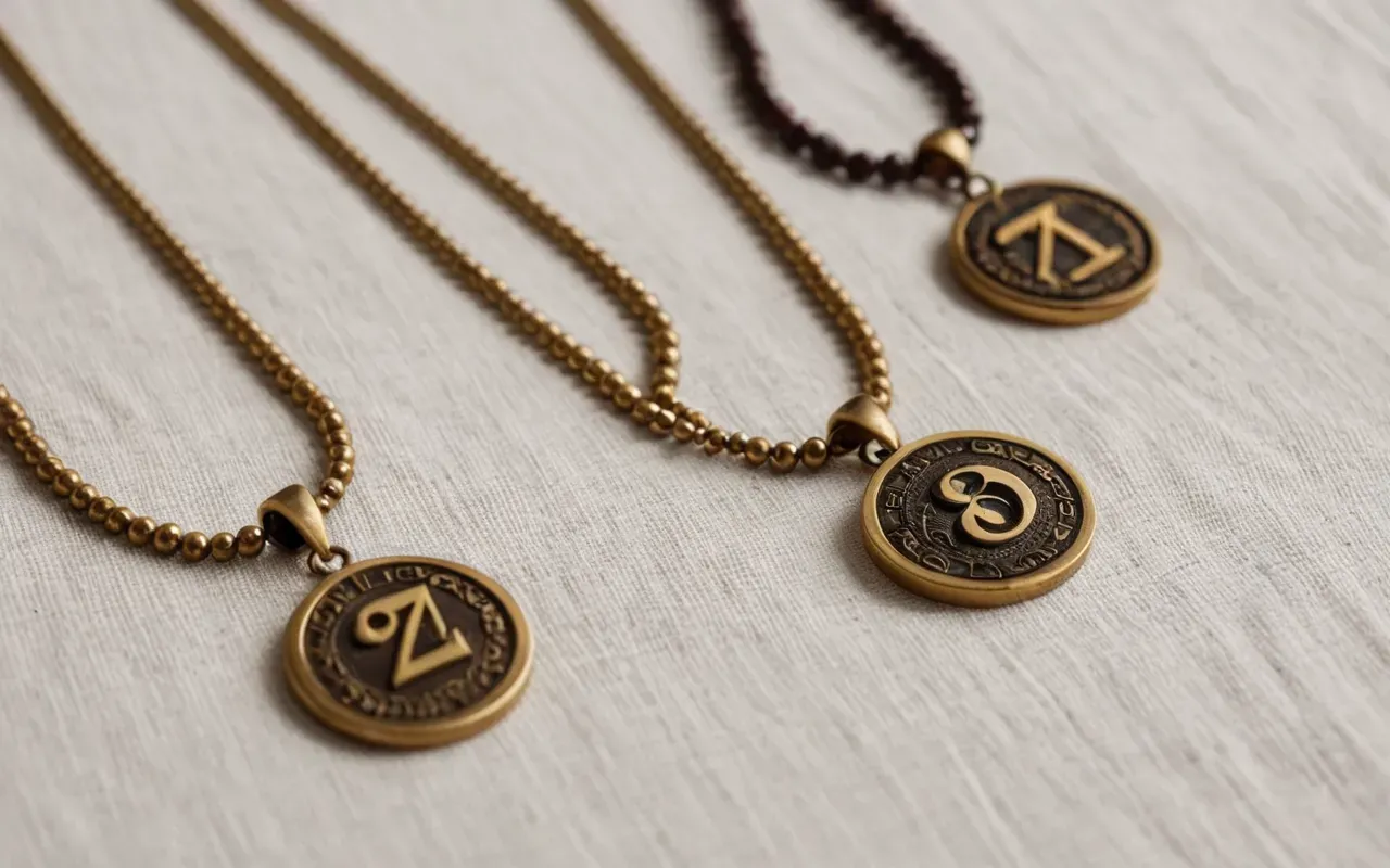necklace collection display Editorial still life of three distinct necklaces on a white linen cloth, soft diffused lighting, neutral background highlighting the unique textures and shapes.