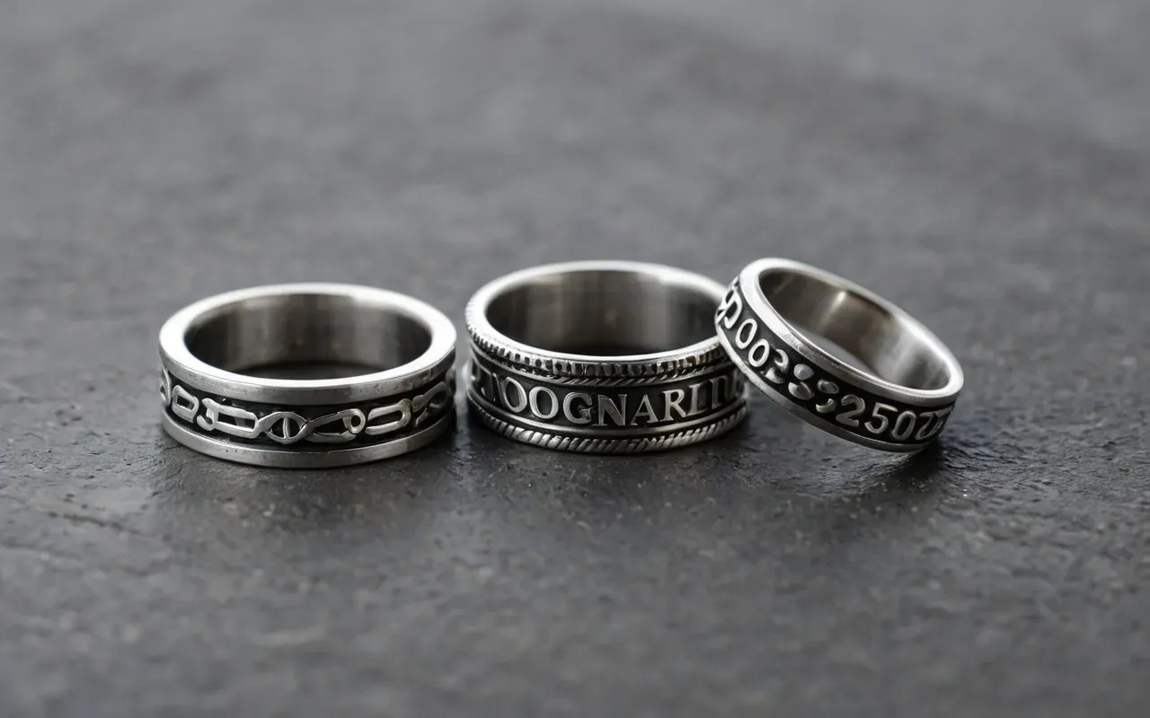 raw silver stacking trends Editorial still life of three stacked hand-finished sterling silver rings with matte oxidized finish on a smooth concrete surface, soft diffused overhead lighting, cool neutral color palette, minimalist composition with negative space