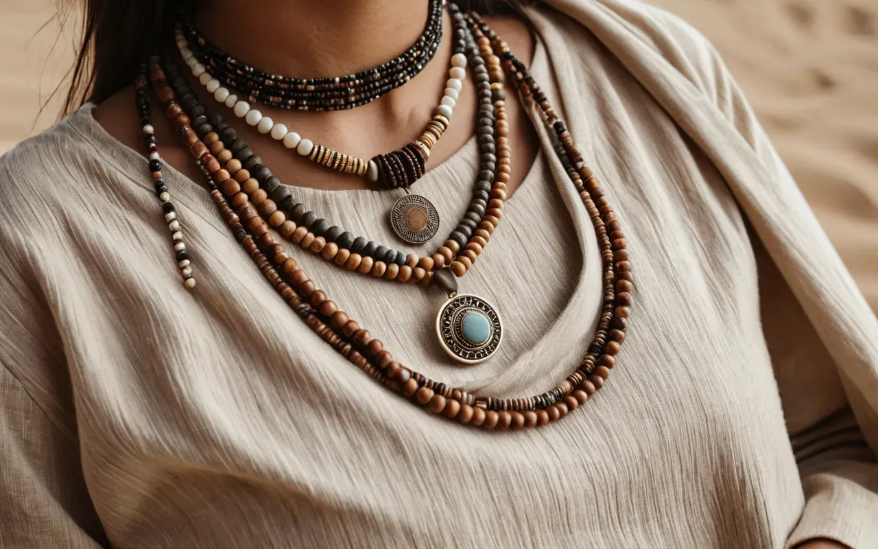 Flat lay of a modern outfit featuring neutral clothing with several layered handmade necklaces and rings on the wrist displayed on a clean beige fabric background.