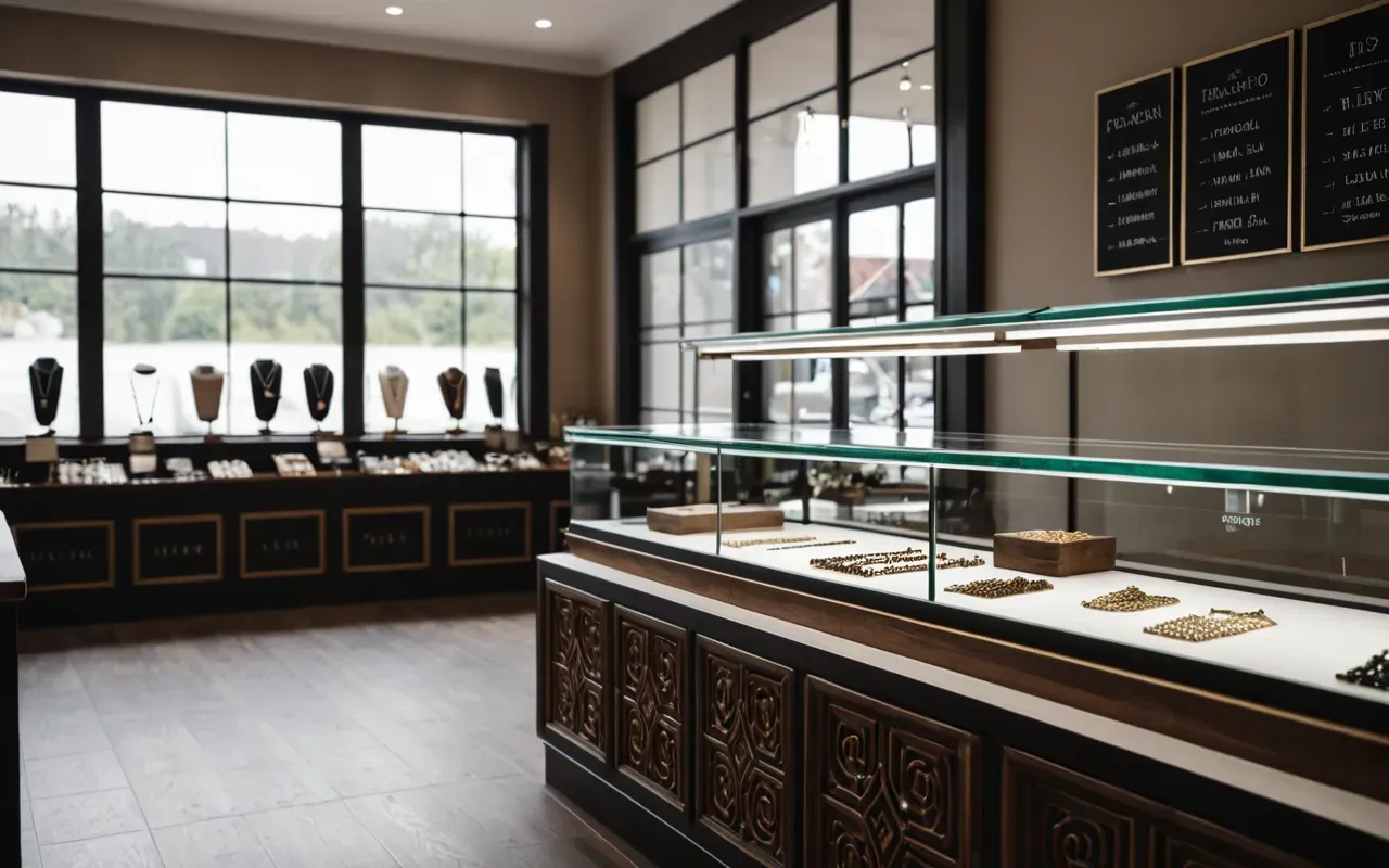 Interior of a small modern jewelry shop with wooden display cases and natural light from large windows, featuring handcrafted necklaces on velvet stands.