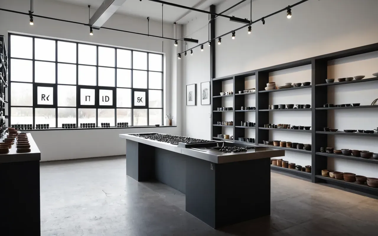 Interior view of a modern minimalist jewelry studio with large windows natural light and display shelves filled with unique metal pieces