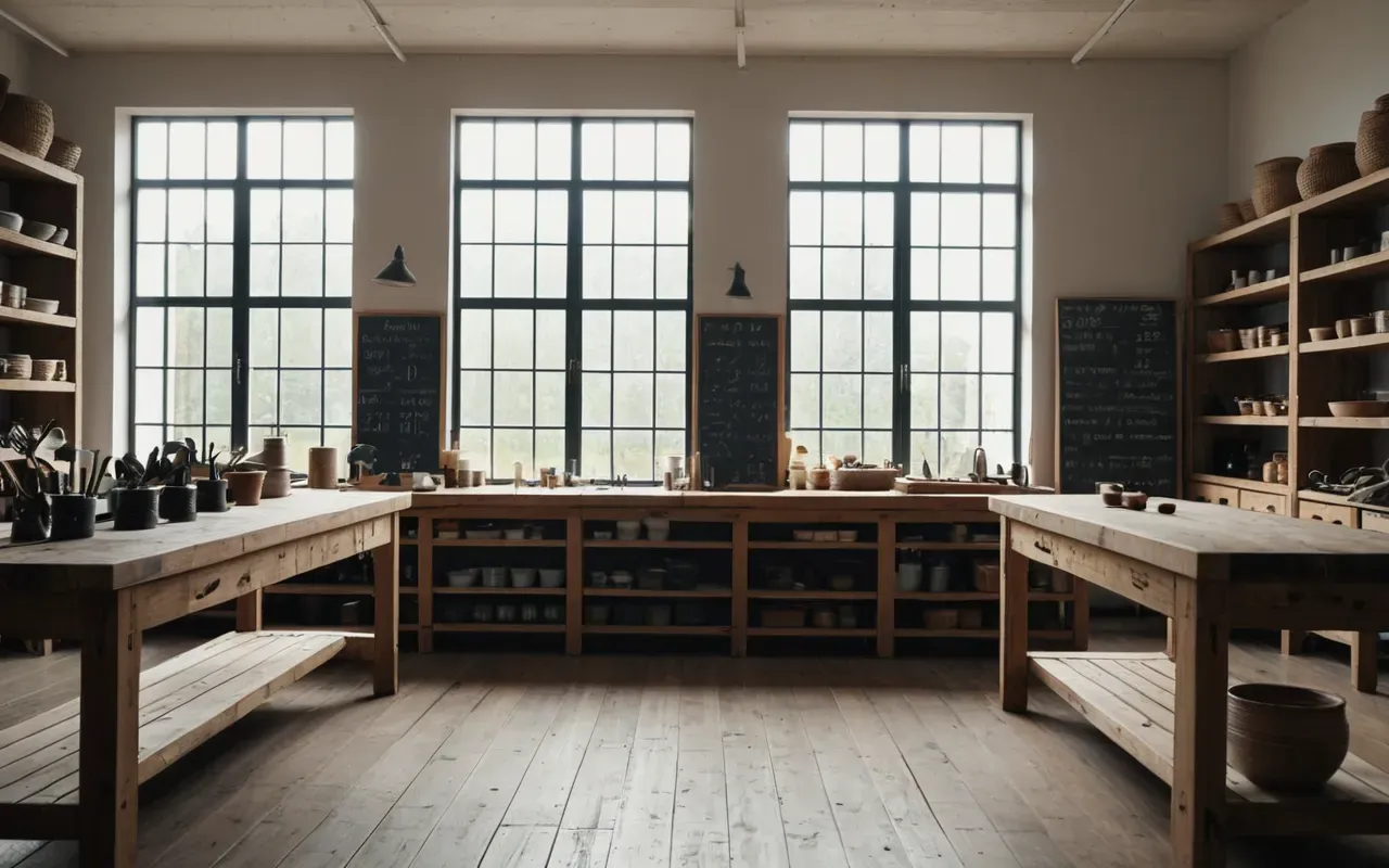 artisan craftsmanship Interior view of a modern studio with large windows letting in bright natural light and wooden workbenches holding various tools arranged neatly on shelves against white walls creating a clean professional workspace atmosphere.