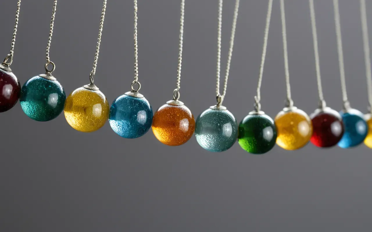 recycled glass jewelry Macro photograph of a strand of multi-colored recycled glass beads hanging vertically against a neutral grey background, sharp focus on the internal bubbles and textures within each bead