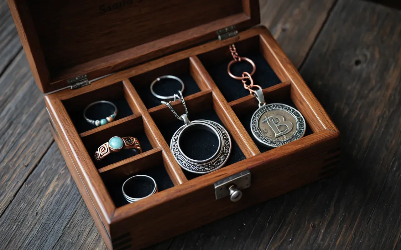 handmade jewelry care routine 2026 Overhead editorial photograph of an open handcrafted wooden jewelry box with compartments holding a sterling silver cuff ring, copper wire wrapped pendant necklace, and small leather cord bracelet on soft cream-colored fabric lining, warm afternoon natural light casting gentle shadows across the arrangement