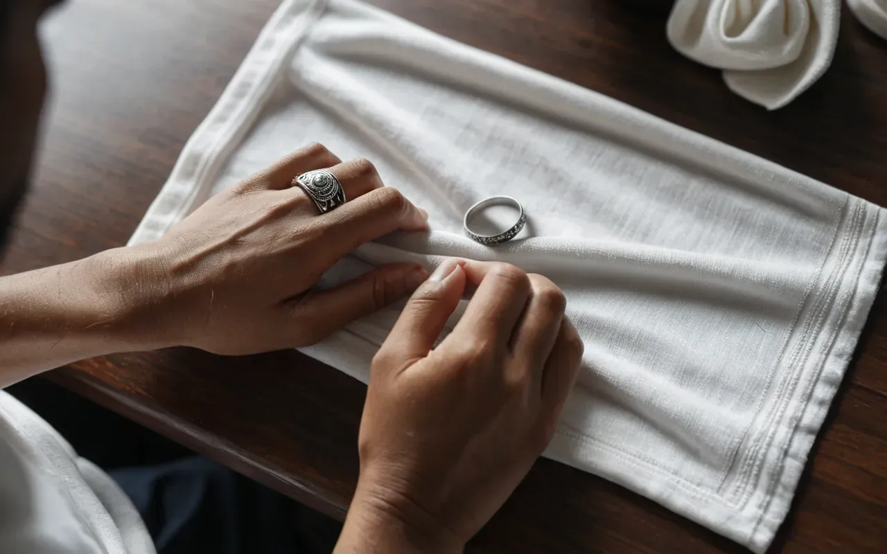 Overhead shot of a pair of hands polishing a silver ring with a white cloth on a clean table surface, natural light casting soft shadows, focus on the texture of the metal and fabric interaction