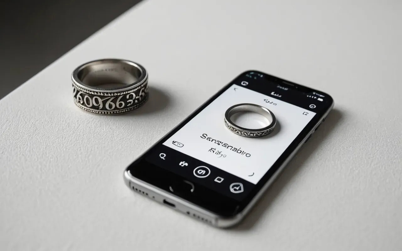 digital provenance jewelry Overhead view of a smartphone displaying a video interface next to a handcrafted silver ring on a white surface, soft studio lighting creating gentle shadows and highlighting the metallic shine