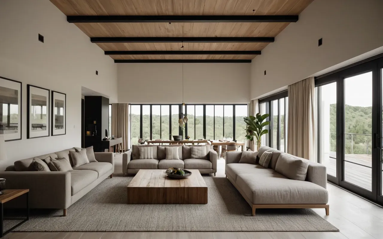 sustainable accessories Wide angle shot of a modern living room with large windows and neutral color palette featuring simple furniture pieces arranged symmetrically with soft natural light streaming in from the left side creating gentle shadows.