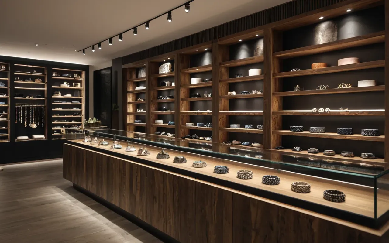 Wide shot of a modern boutique interior with wooden shelves displaying various handmade jewelry pieces and soft ambient lighting