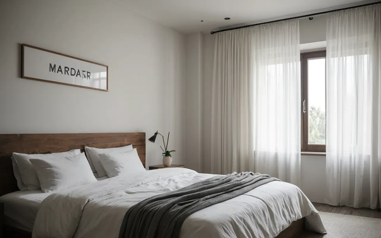 sustainable accessories Wide shot of a modern minimalist bedroom interior featuring a large window with sheer white curtains and a neatly made bed with neutral linens soft morning light casting long shadows across the floorboards creating a calm atmosphere.