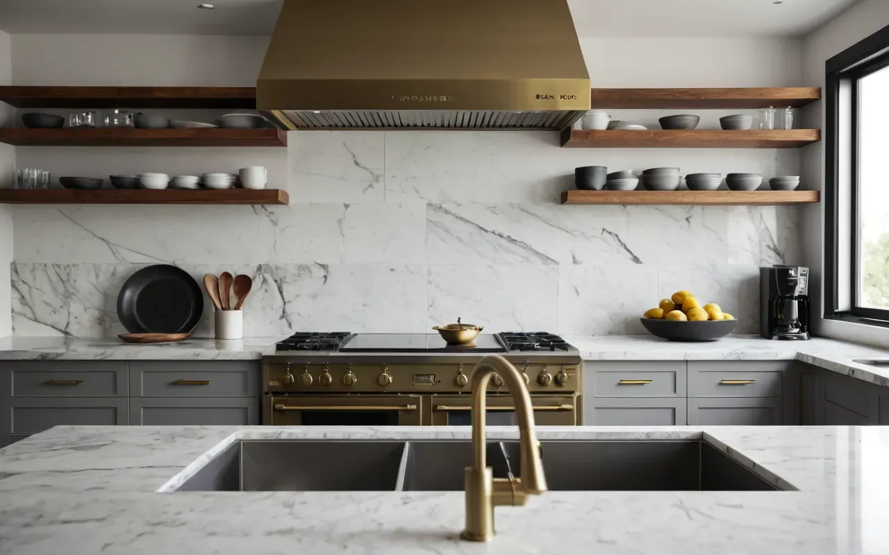 artisan craftsmanship Wide shot of a modern minimalist kitchen interior with marble countertops and brushed brass fixtures visible under soft natural daylight creating a clean professional cooking space atmosphere.