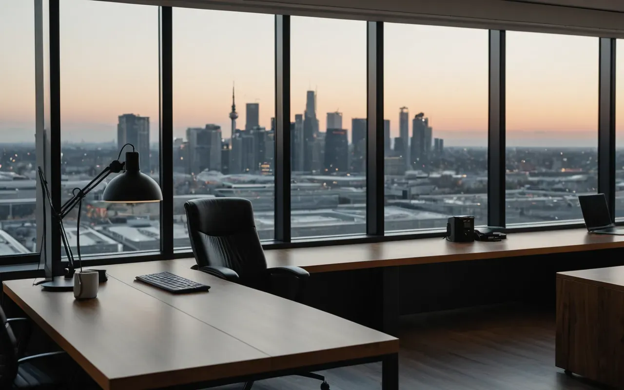 Wide shot of a modern minimalist office interior with large glass windows showing city skyline at dusk, warm desk lamp glow on wooden table, organized workspace with sketchbook and tools