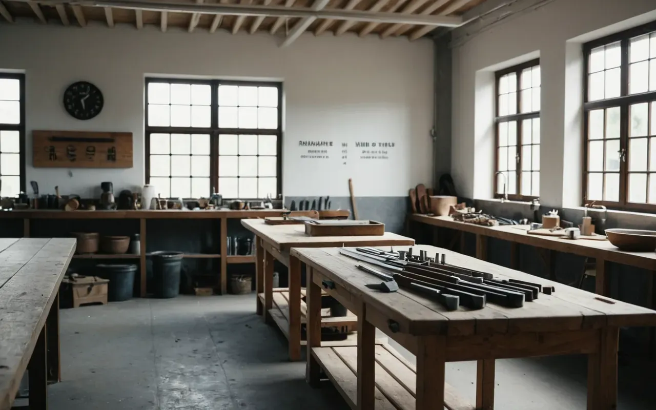 jewelry workshop interior Wide shot of a modern minimalist workshop interior with wooden workbenches, soft natural daylight from large windows, and scattered metal tools on the surface.