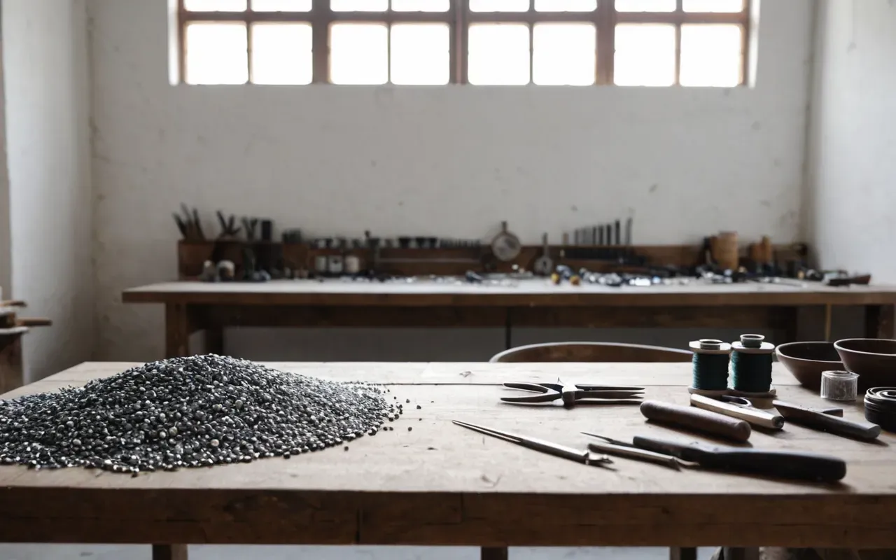 Wide shot of a modern minimalist workshop table with scattered tools for jewelry making including pliers and wire spools under bright daylight with clean white surfaces.
