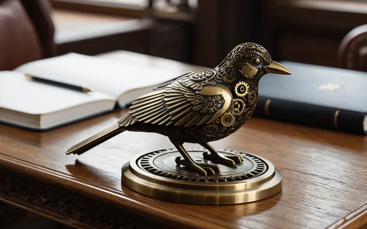 A close up of a brass mechanical bird sculpture with intricate gears visible on its side resting on a polished oak desk surface next to a leather notebook and a pair of round tortoiseshell glasses in soft natural window light.