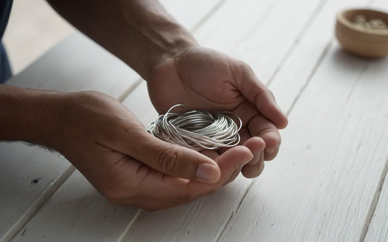 wire wrapping technique A close up of hands holding a thin silver wire wrapping around a clear glass bead on a clean white wooden table with soft natural light from the side.