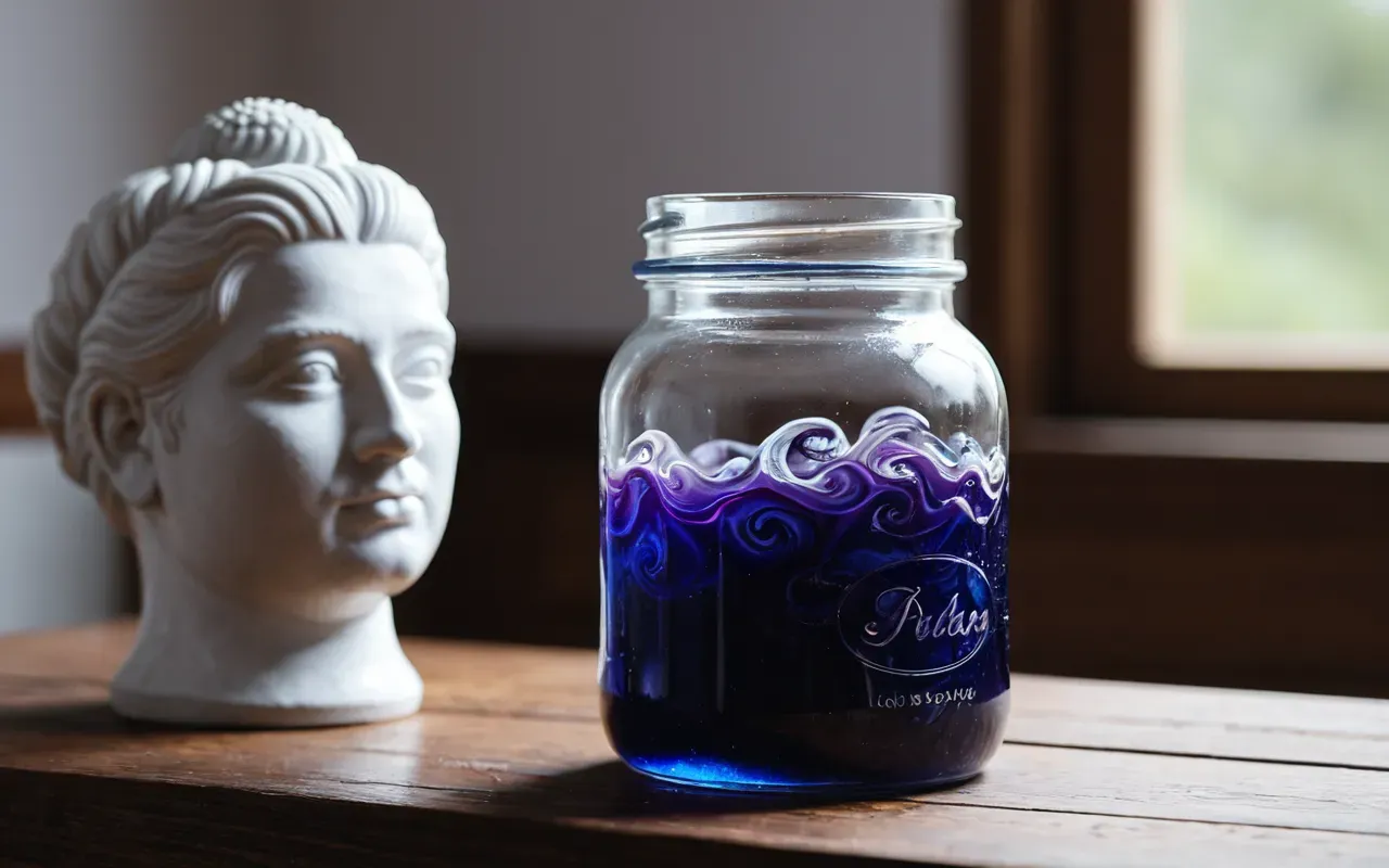 A close up view of a clear glass jar filled with swirling blue and purple liquid resin next to a small white plaster head on a wooden table under bright natural light.