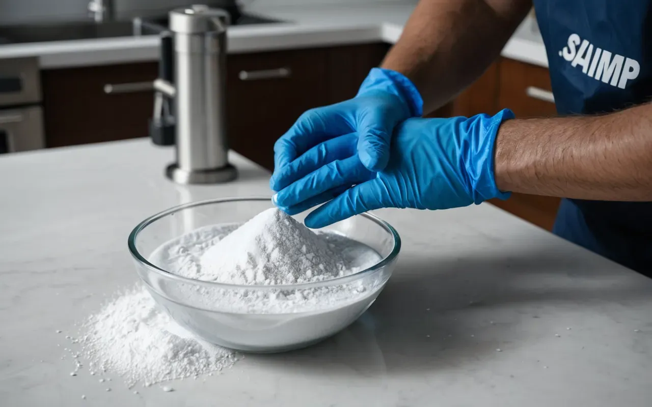 A detailed shot of hands wearing blue nitrile gloves mixing white powder into a clear liquid in a glass bowl on a clean white countertop with soft shadows.