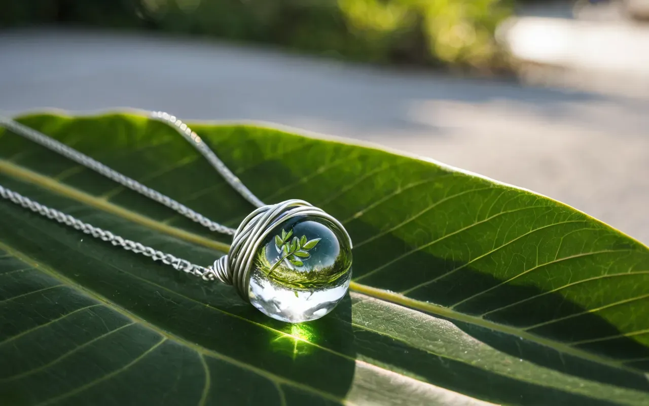 finished handmade jewelry piece A finished silver wire wrapped glass bead necklace resting on a green leaf with soft sunlight highlighting the reflective surface of the metal and glass.