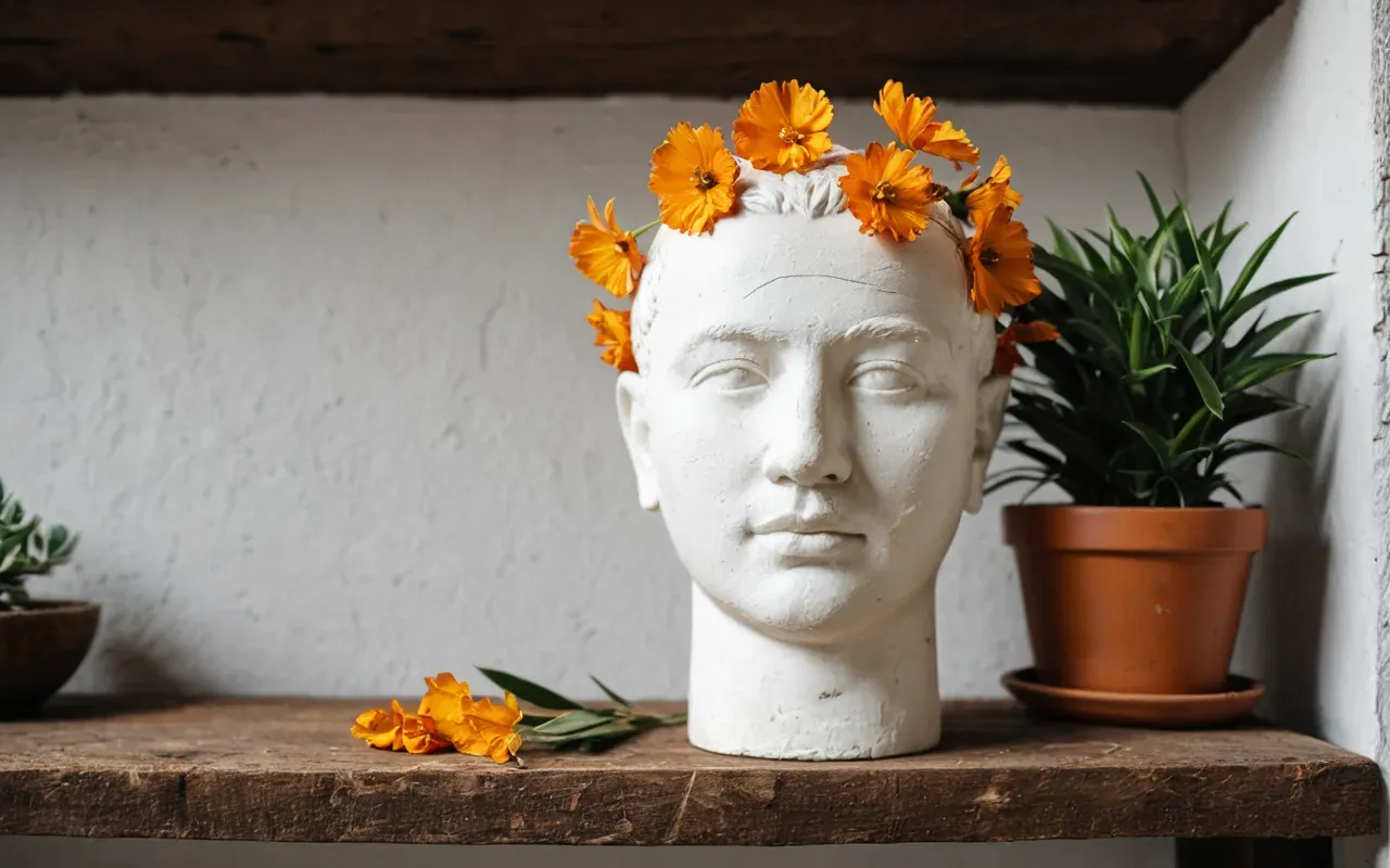 A finished white plaster head decorated with dried orange flowers and clear resin sitting on a rustic wooden shelf next to a small potted green plant in bright sunlight.
