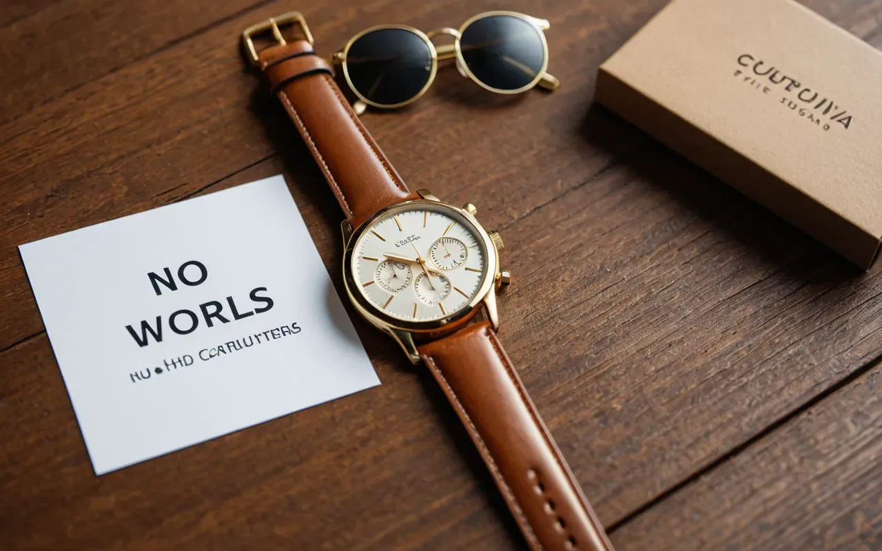 A flat lay arrangement on a light wooden table showing a gold wristwatch with a brown leather strap next to small gold hoop earrings and a pair of round sunglasses with tortoiseshell frames under bright studio lighting.
