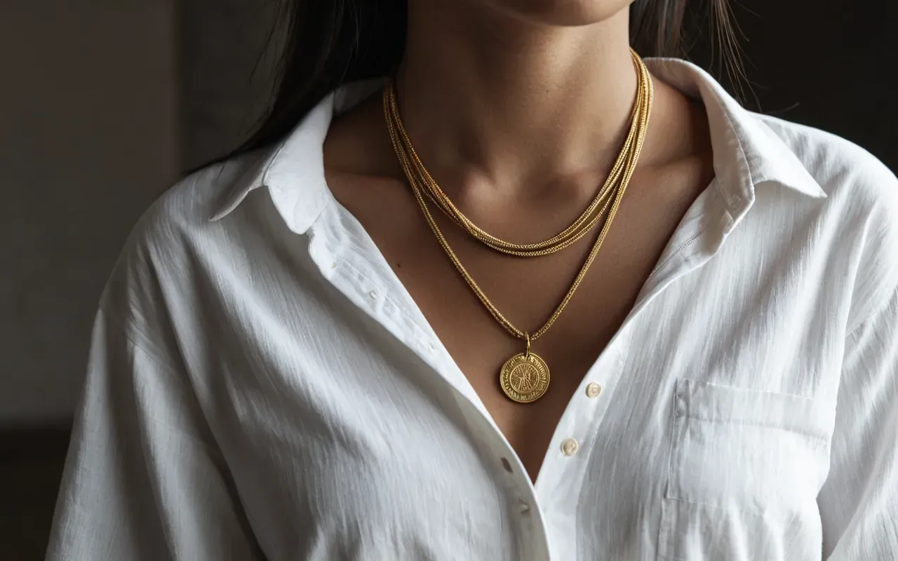 wire necklace styling A model wearing a minimalist white shirt and a single twisted gold wire necklace with soft studio lighting highlighting the metal texture without any visible text or logos.