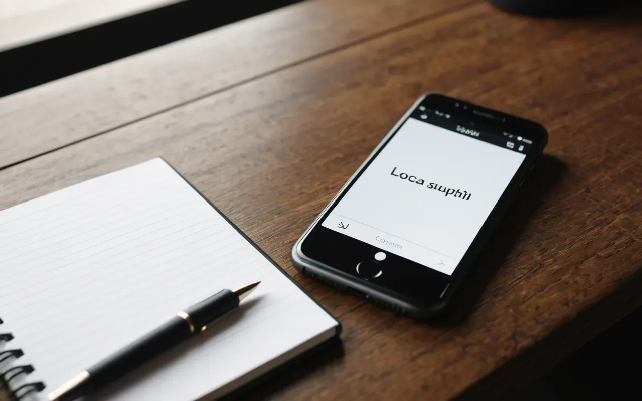 digital marketing planning A modern smartphone displaying a blank screen next to a notebook and pen on a wooden desk with soft natural light highlighting the planning tools