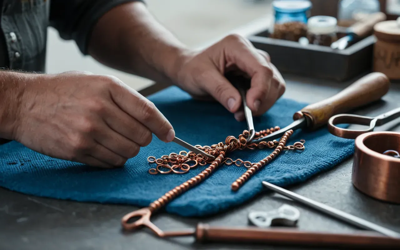 jewelry making process A pair of hands using pliers to twist a copper wire around a blue glass bead on a light gray workbench with scattered craft tools in the background.
