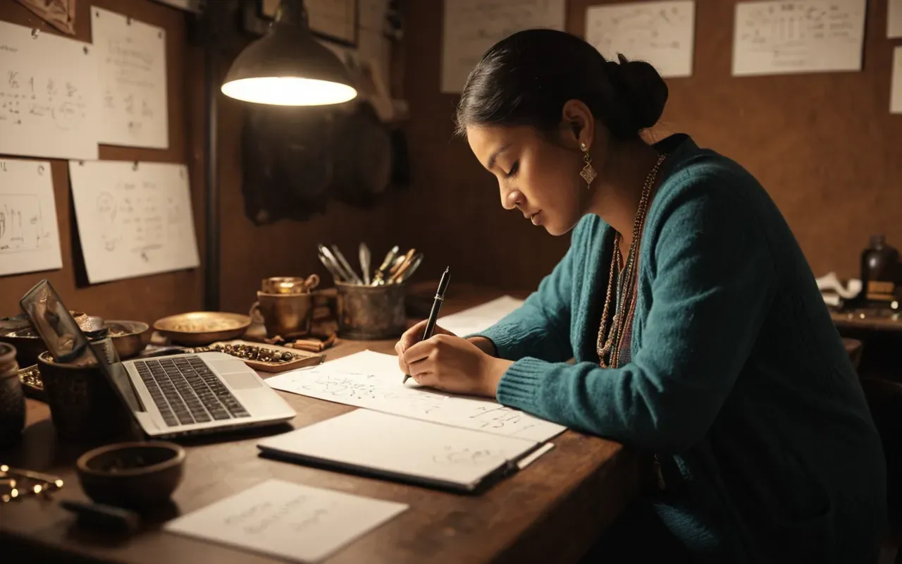 creative planning process A person sitting at a desk writing notes next to jewelry sketches and tools with warm ambient lighting and focused expression captured from side angle