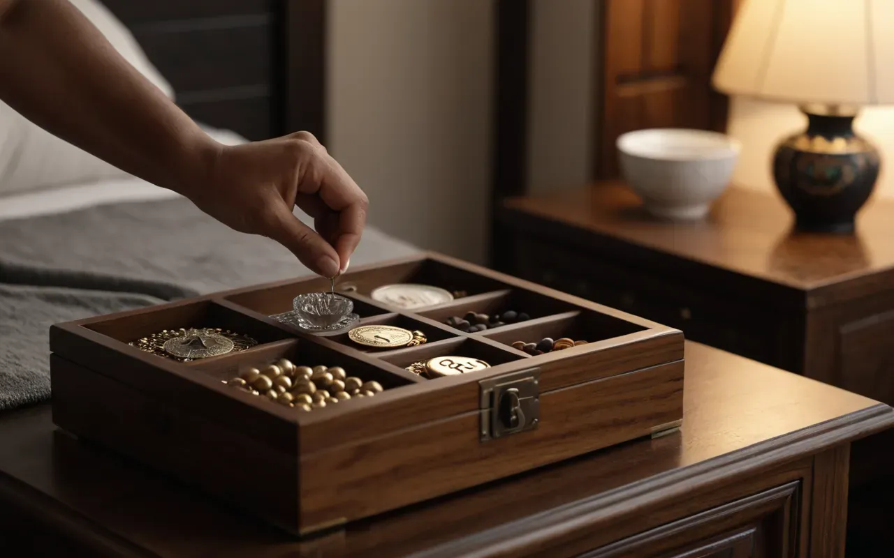 A person smiling while opening a wooden jewelry box on their nightstand with soft evening light and a glass of water nearby