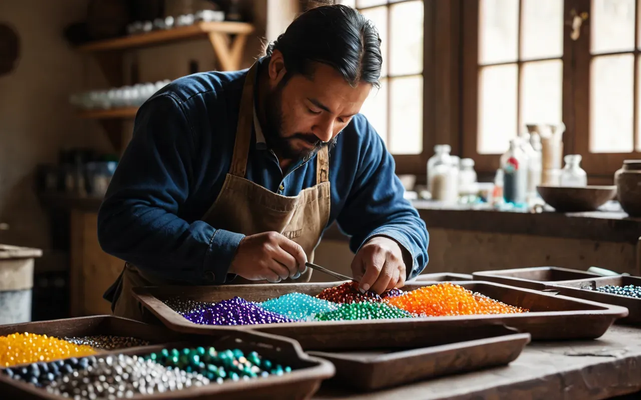 artisanal work environment A portrait of a focused artisan working at a small workshop table with colorful glass tools and melted bead shapes arranged neatly in trays under bright natural light highlighting the intricate details of the handwork without any visible text or labels.