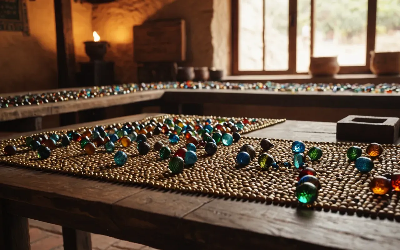 handmade jewelry display A wide shot of a rustic wooden table displaying various handmade jewelry pieces with colorful glass beads arranged in a natural pattern under warm ambient lighting creating an inviting and authentic atmosphere without any visible text or branding.