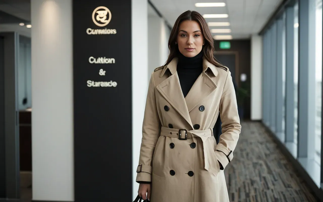A woman standing in a modern office lobby wearing a long beige trench coat with double buttons and a tie belt over a black turtleneck sweater holding a structured white leather tote bag in her left hand.