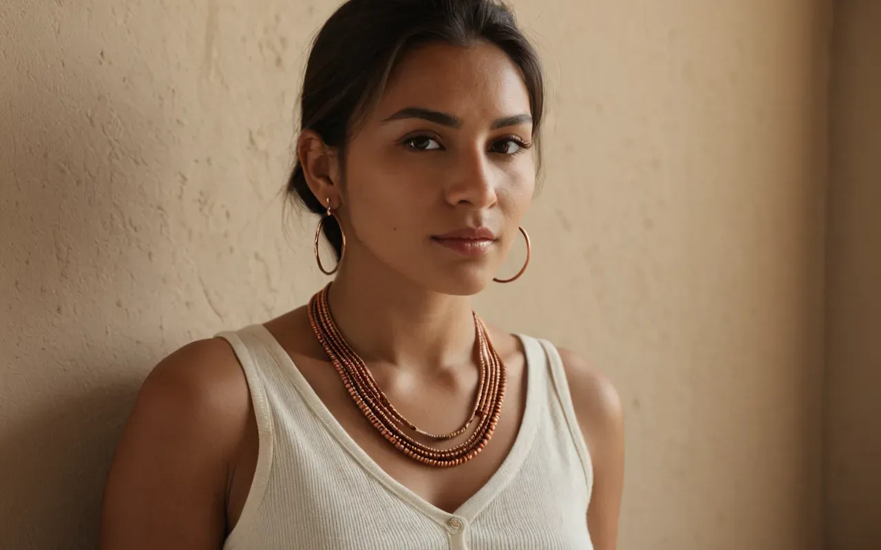 styling handmade jewelry lookbook A woman wearing layered necklaces and copper wire earrings standing in front of a neutral beige wall with soft studio lighting highlighting her outfit details.