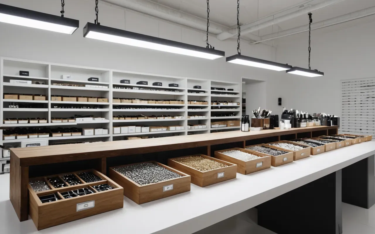 efficient packaging setup Clean workspace with organized boxes of jewelry supplies lined up neatly on a white table under bright studio lighting showing efficiency and order