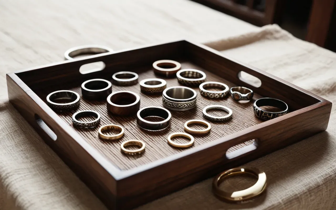 Close-up of a dark walnut wooden tray holding various artisan rings and necklaces on a light linen tablecloth with soft natural daylight