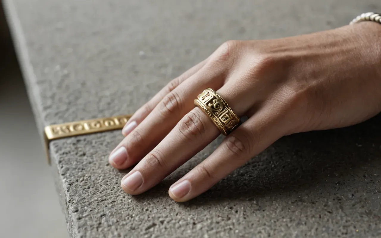 Close up of a hand wearing a rough textured clay ring next to a polished gold band on a neutral concrete surface with soft natural light and shallow depth of field