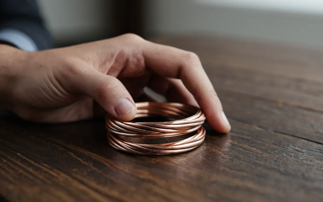 copper ring Close up of a hand wearing a simple twisted copper wire ring next to a polished silver band on a wooden table with soft natural light and no text visible.