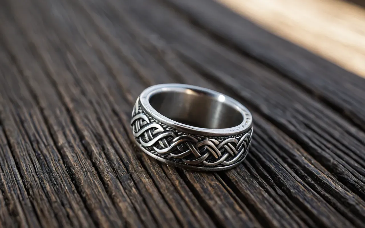 Close-up of a hand-woven silver ring resting on a rough textured wooden surface with soft natural light highlighting the intricate knotwork details